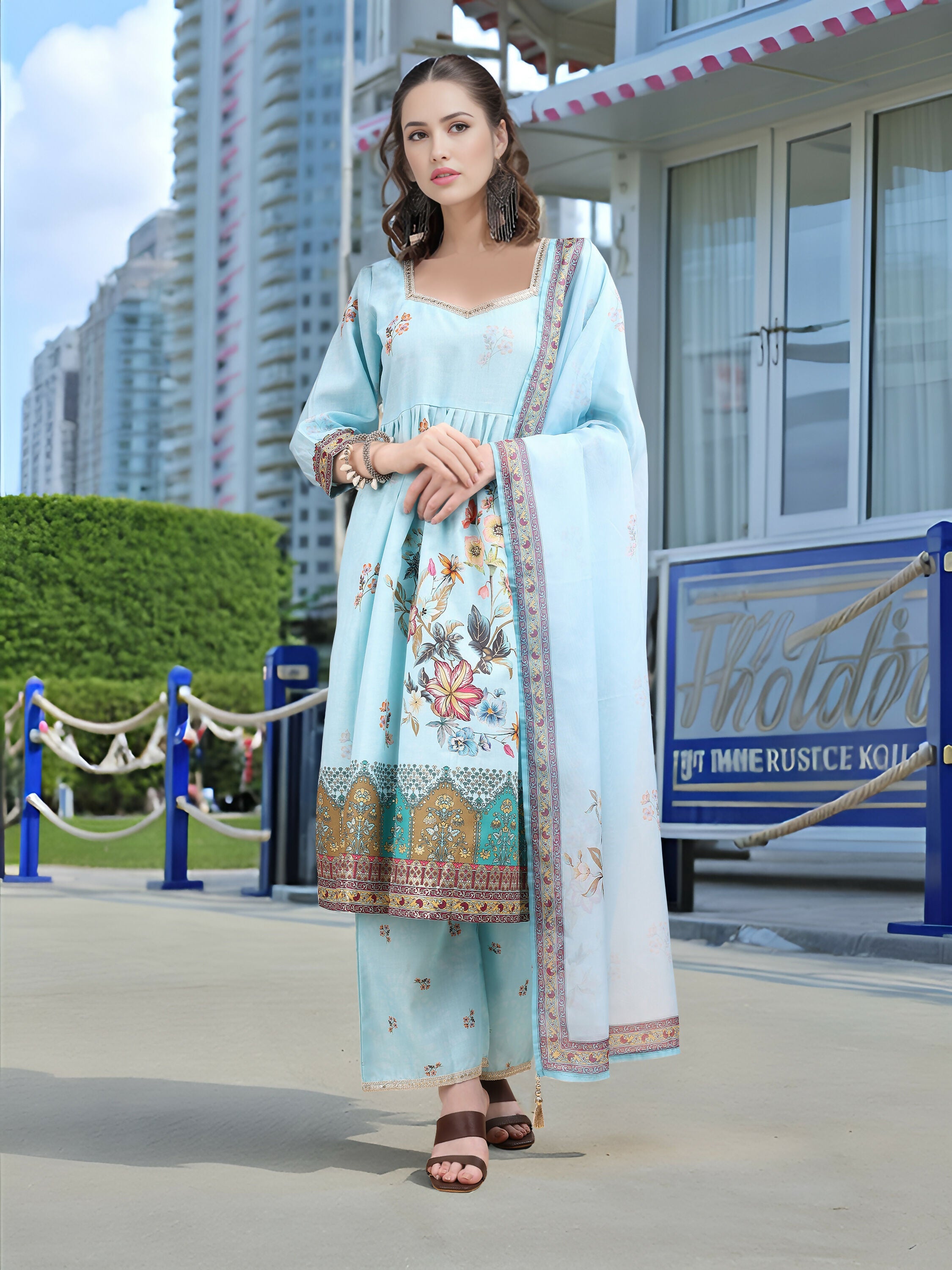 Joban Fashion Sky Blue Positive Digital Print With Position Foil Kurta Set - Distacart