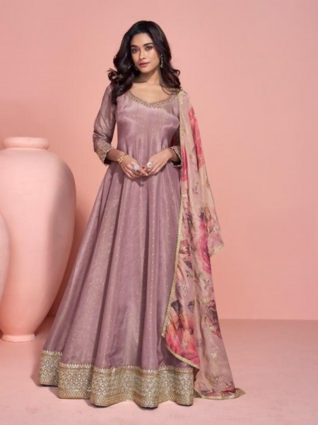 Anaita Brown Shimmer Stitched Anarkali Suit with Sequins Embroidery Foil Stitch Work