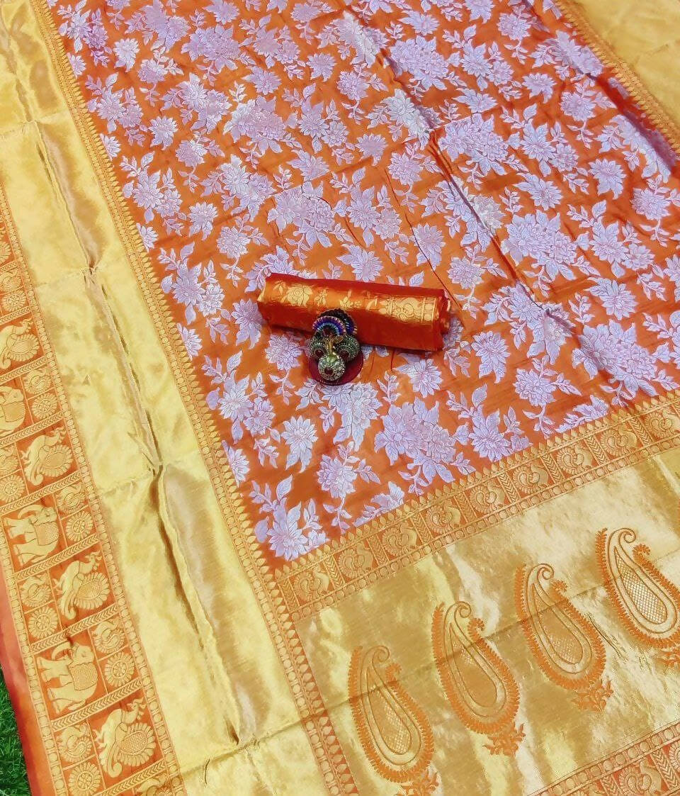 DEIANA'S Beautiful Designer Golden zari Soft Lichi Silk Saree - Orange