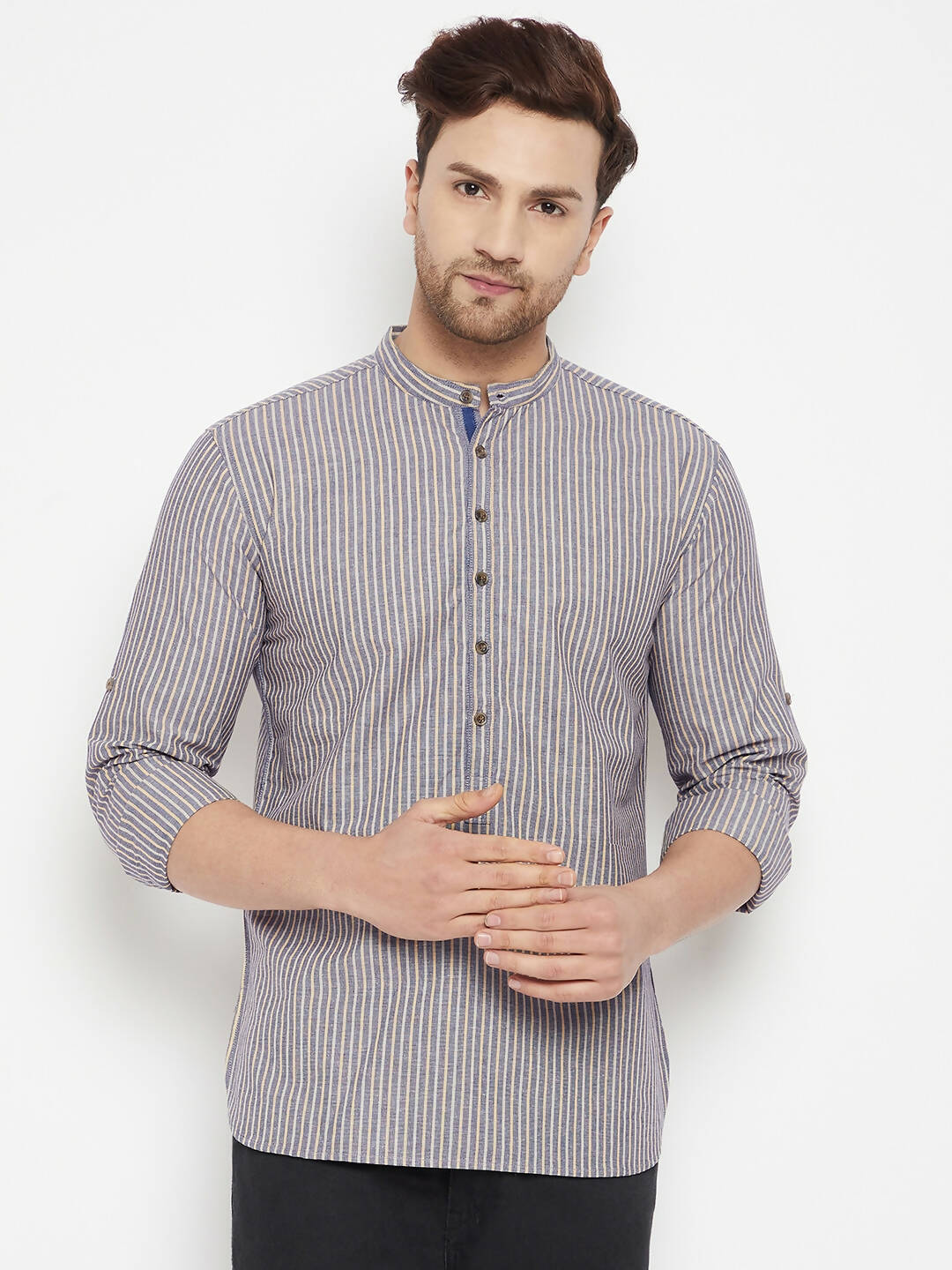 Even Apparels Grey Pure Cotton Short Men's Kurta With Band Collar - Distacart