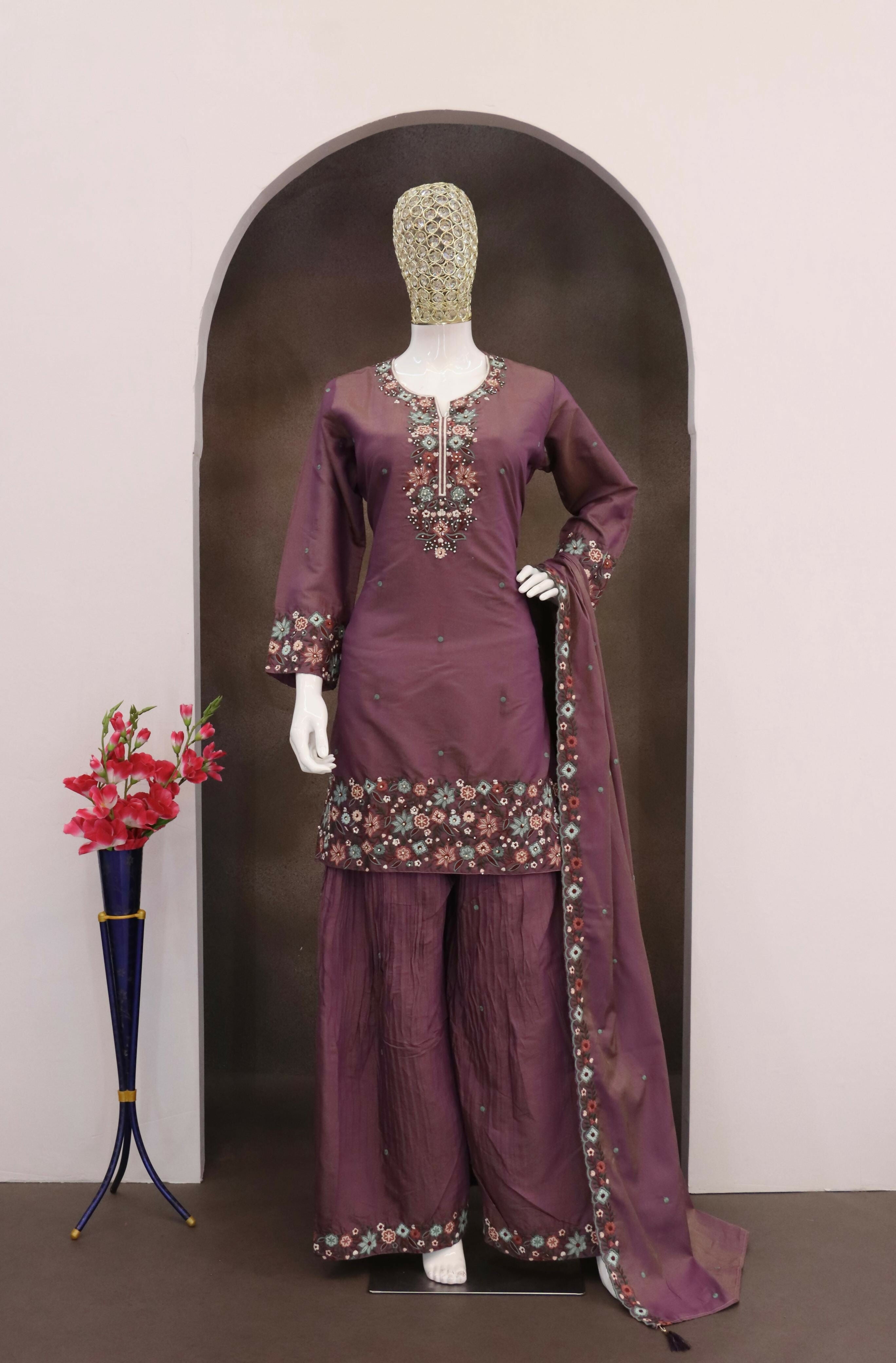Anaita Wine Simar with Embroidery Multi & Zarkhan Work Readymade Palazzo suit - Distacart