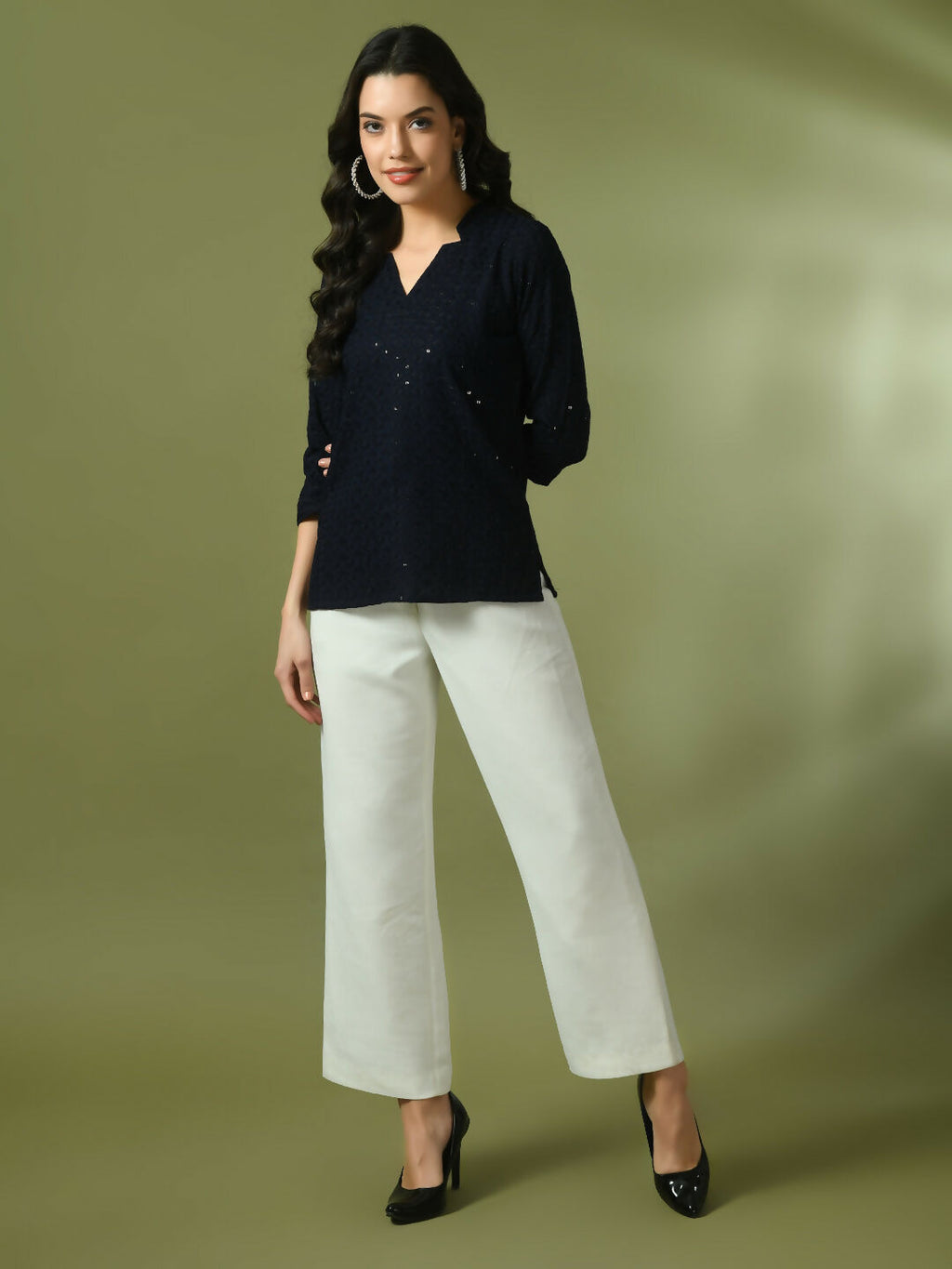 Myshka Women's Navy Blue Embellished Cotton Regular Party Tunic