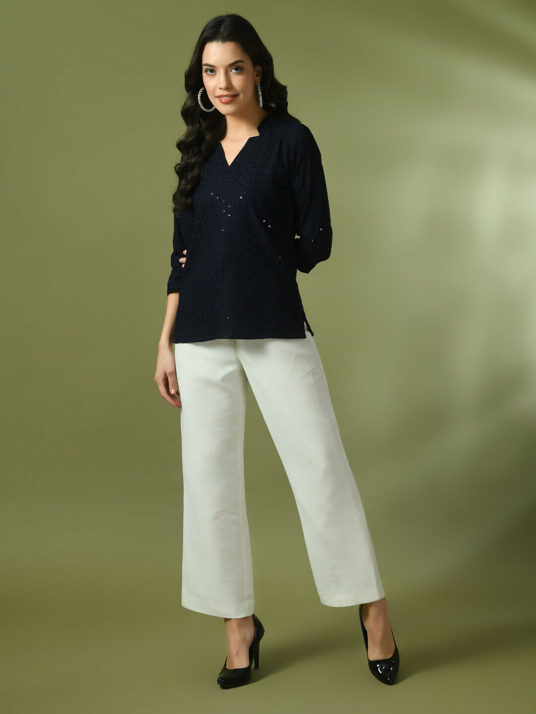 Myshka Women's Navy Blue Embellished Cotton Regular Party Tunic
