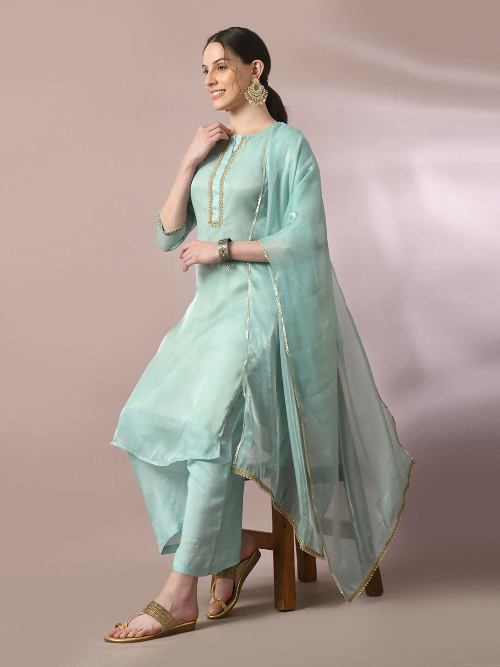 Myshka Women's Sea Green Solid Straight Party Kurta Set With Dupatta