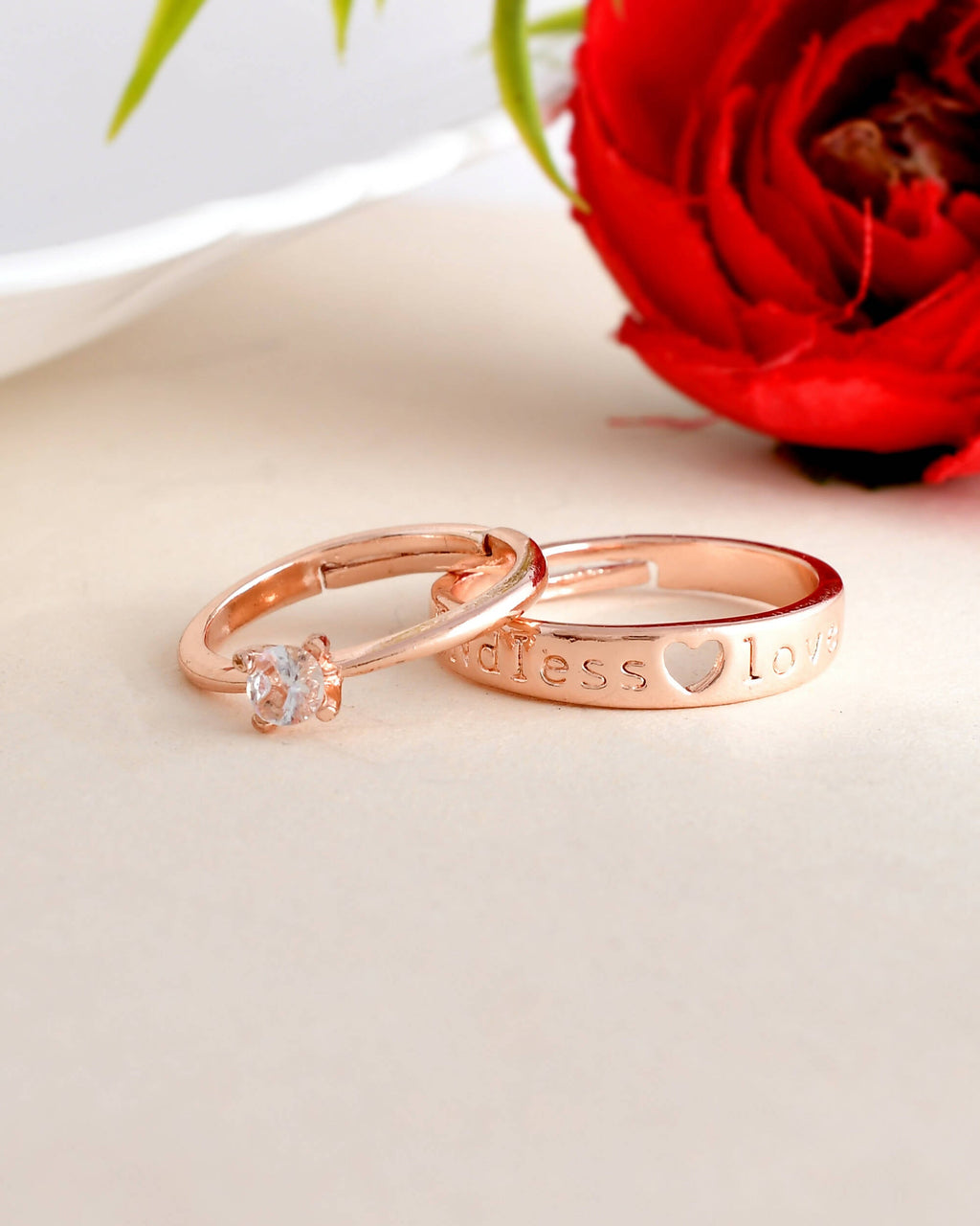 VOJ Stainless Steel Cubic Zirconia Gold-Polished Adjustable Couple Ring Set