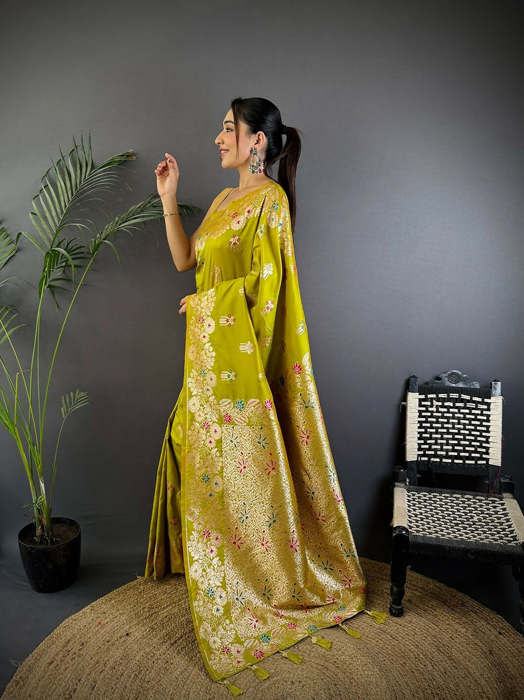 Joban Fashion Meenakari Lime Green Woven Soft Silk Saree - Distacart
