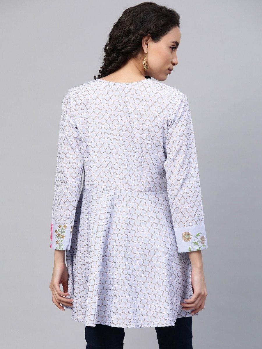 Ahalyaa Women Blue Crepe Pink & Gold Ethnic Print Angrakha Tunic