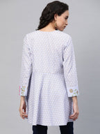 Ahalyaa Women Blue Crepe Pink & Gold Ethnic Print Angrakha Tunic