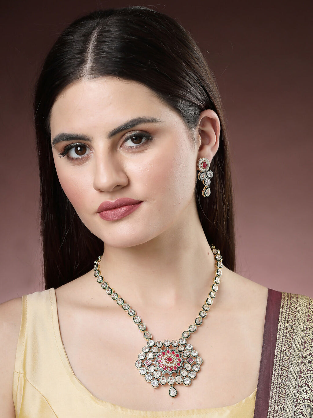 NVR Women's Red & Gold Kundan Studded Handcrafted Jewellery Set
