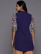 Ahalyaa Blue & Gold-Toned Mandarin Collar Printed Tunic - Blue Color