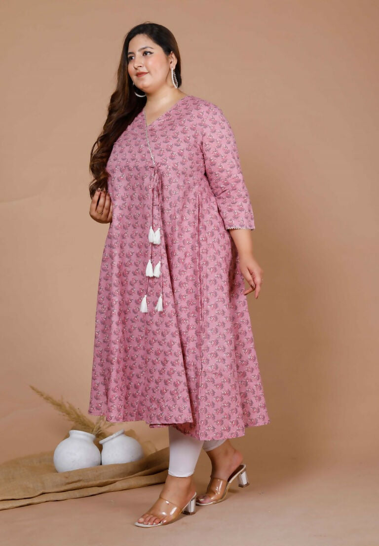 Miravan Women's Plus Size Pink Floral Printed Cotton Anarkali Kurta With Dupatta