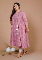 Miravan Women's Plus Size Pink Floral Printed Cotton Anarkali Kurta With Dupatta