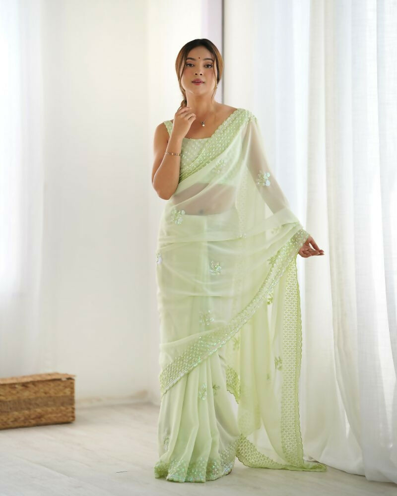 Attractive Looking Georgette Thread, Sequance Embroidery Work Party Wear Saree - Pista