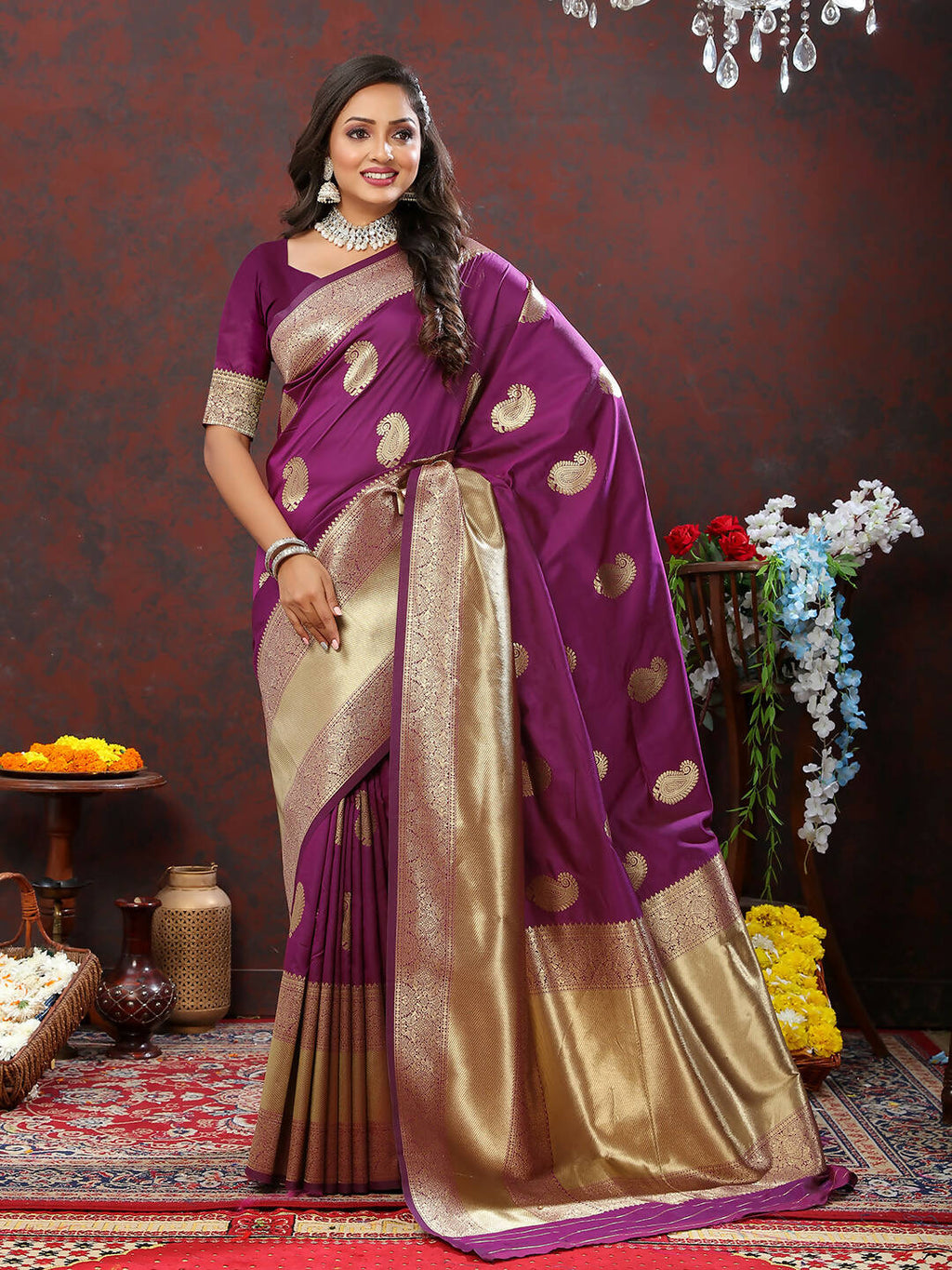 Lorenvalley Fashion Wine Soft Silk Woven Design Gold Zari Weaving Saree