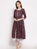 Myshka Women's Wine Cotton 3/4 Sleeve Round Neck Printed Casual Shrug