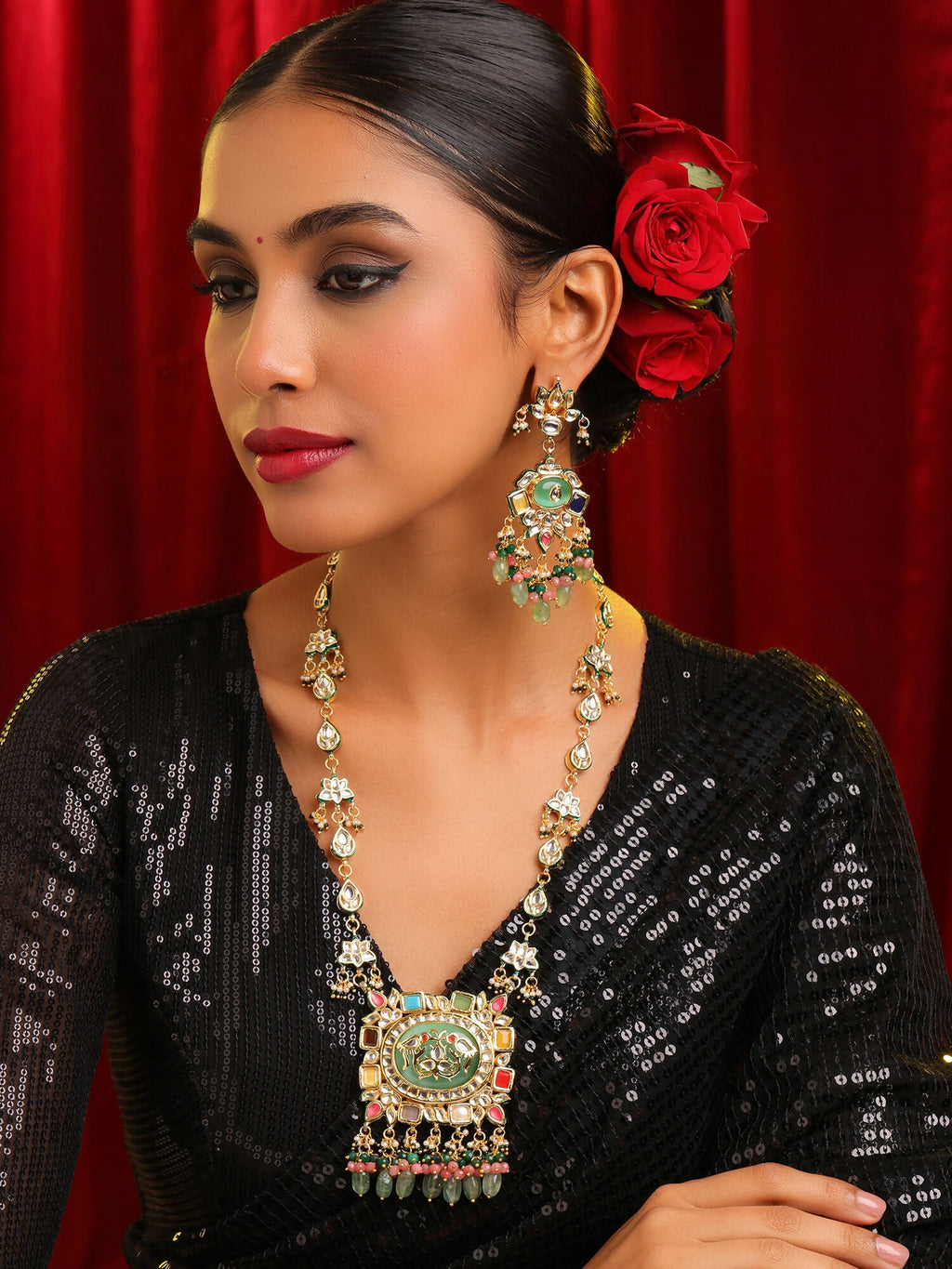 Ruby Raang Kundan Haar With Matching Earrings