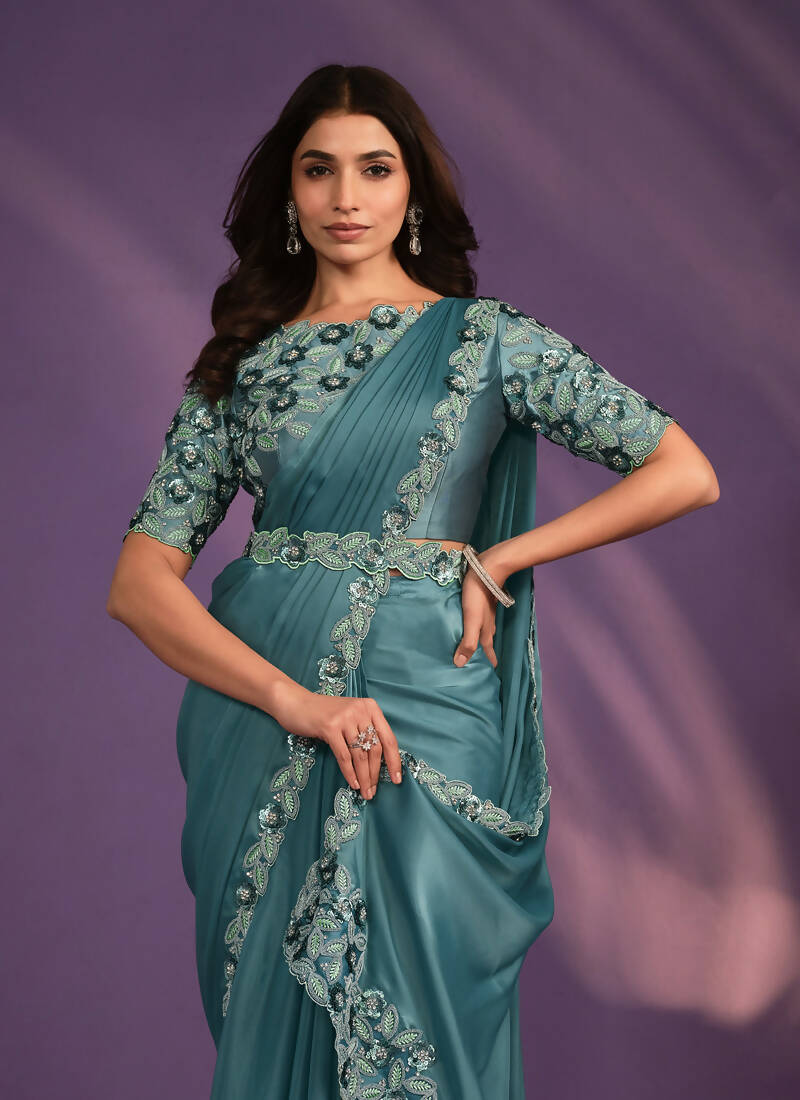 Rama Crepe Satin Silk Embroidered Saree With Stitched Blouse - Mohmanthan Exotica
