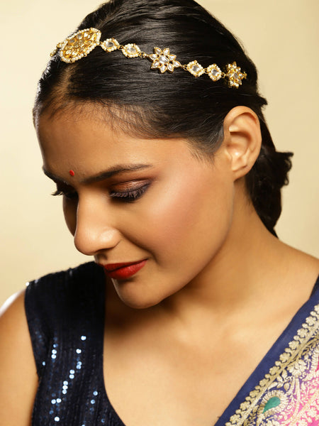 Gold-Polished White Kundan-Studded Pearl Beaded Hair Band - Ruby Raang