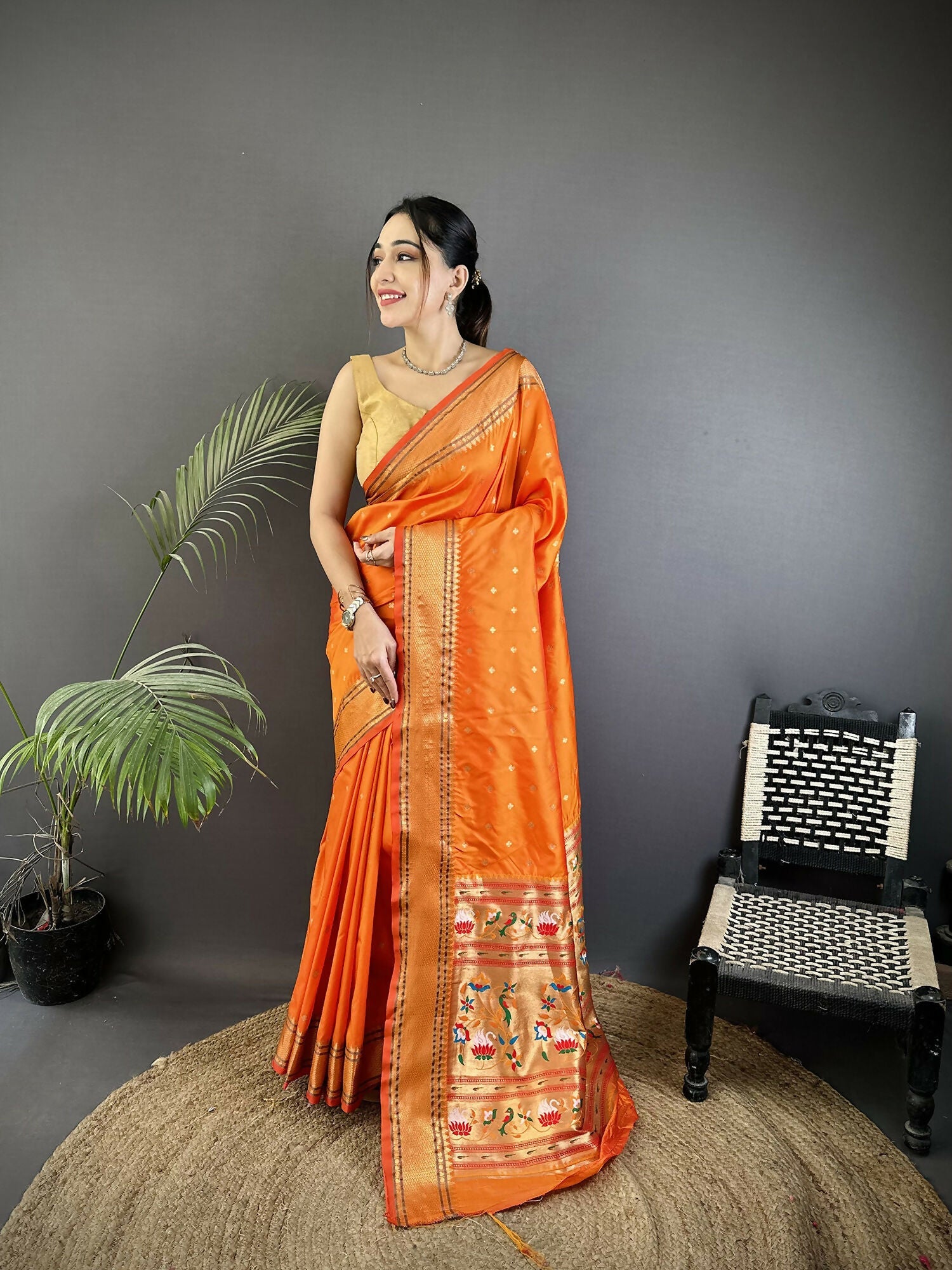 Joban Fashion Orange Butti Woven Soft Lichi Silk Paithani Saree - Distacart