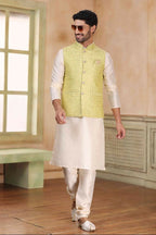 Raivat Ethnic Jacquard Banarasi Silk Woven Work 3 Pics Jacket Set In Lemon Colour - Distacart
