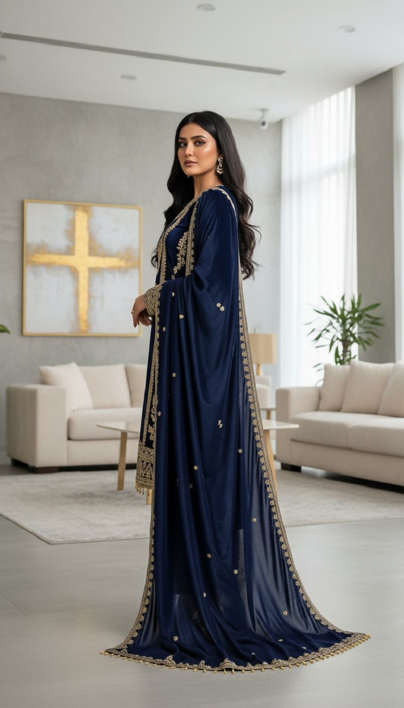 Joban Fashion Blue Kurta Set Velvet Embroidery Sequence Work - Distacart