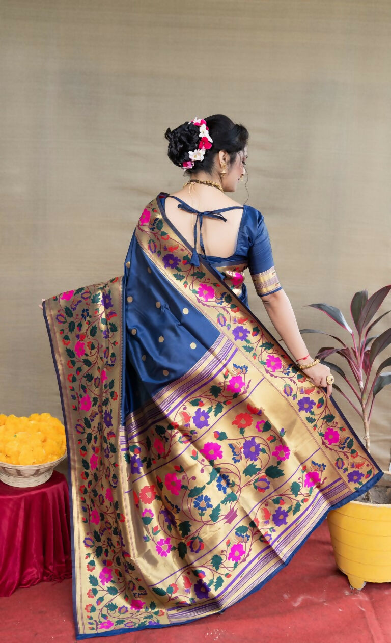Jyoti Fashion Women's Navy Blue Paithani Silk Zari Woven Saree with Blouse