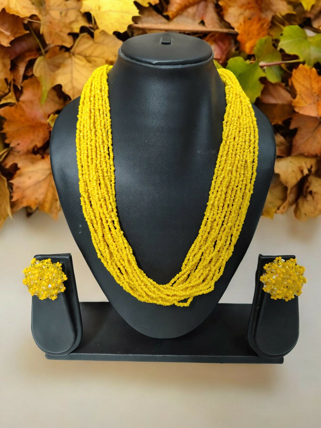 Inhanns Vibrant Handmade 20 Layers Beaded Necklace With Matching Earrings - Yellow