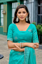 Vastranavya Turquoise Embroidery Work Shimmer Chiffon Saree with Unstitched Blouse - Distacart
