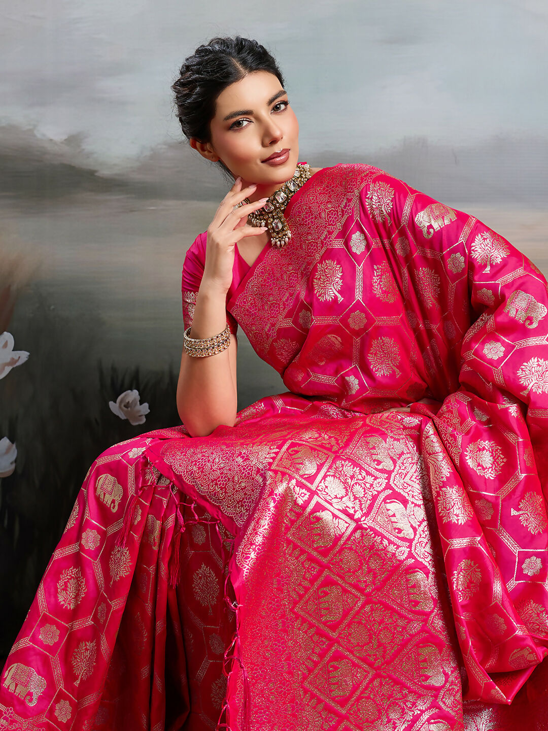 Shree Shyam Fashion Rani Pink Silk Blend Saree - Distacart