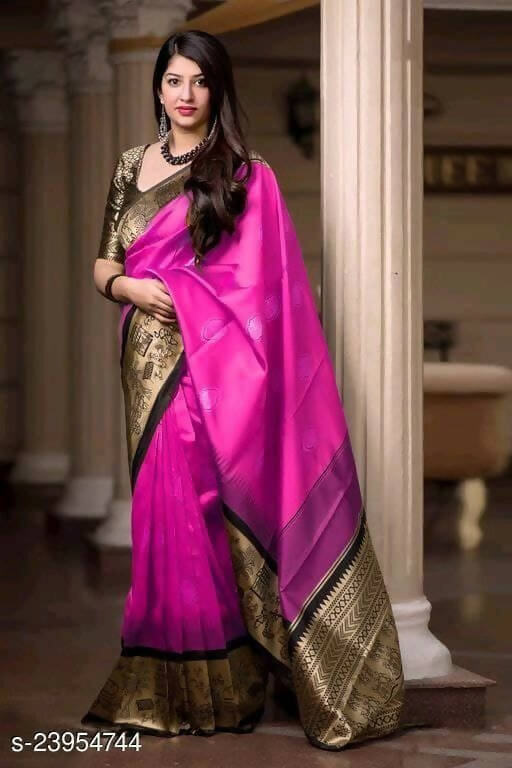 DEIANA'S Beautiful Designer Golden zari Soft Lichi Silk Saree - Pink