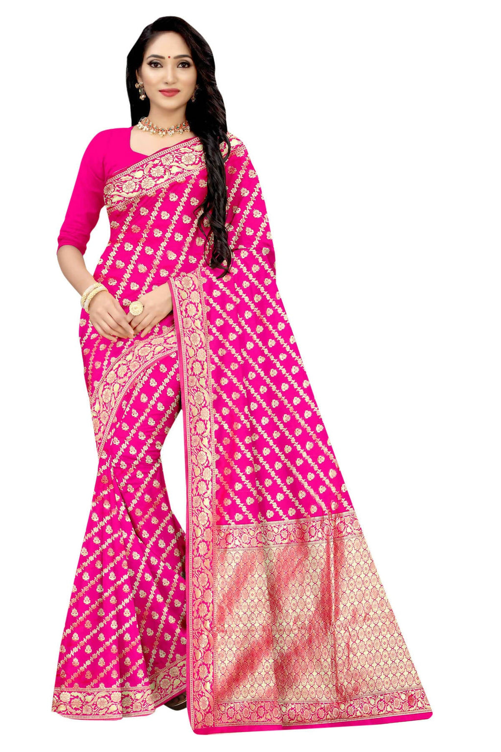 Vamika Weaving Banarasi Jacquard Saree - Pink - Distacart