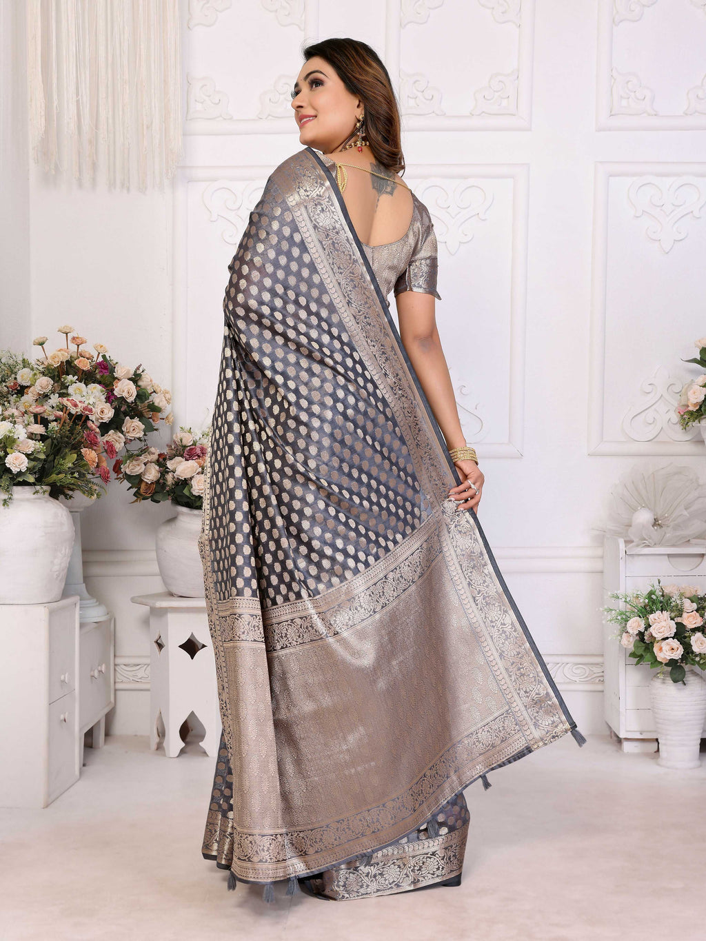 Aastha Fashion Grey Organza Silk Weaving Saree - Distacart