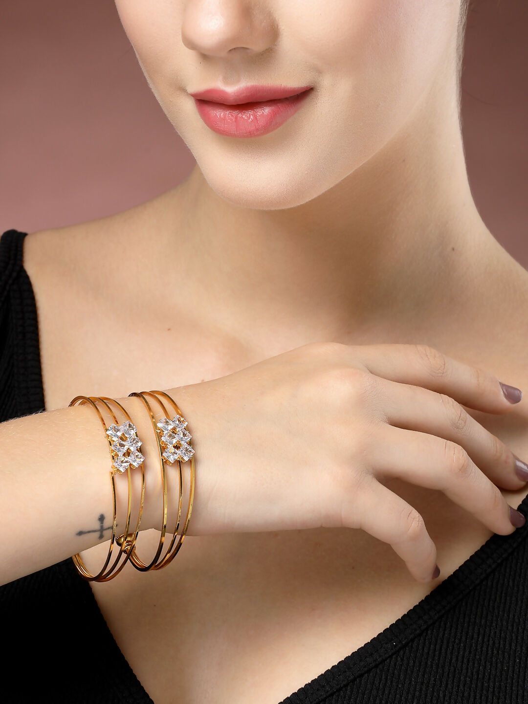 NVR Women's Set of 2 Gold-Polished CZ Stone-Studded Adjustable Bangles - Distacart