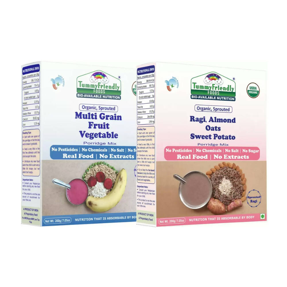 TummyFriendly Foods Organic Multi-Grain, and Sprouted Ragi, Oats, Red Lentil, Banana Porridge Mixes Combo - Distacart