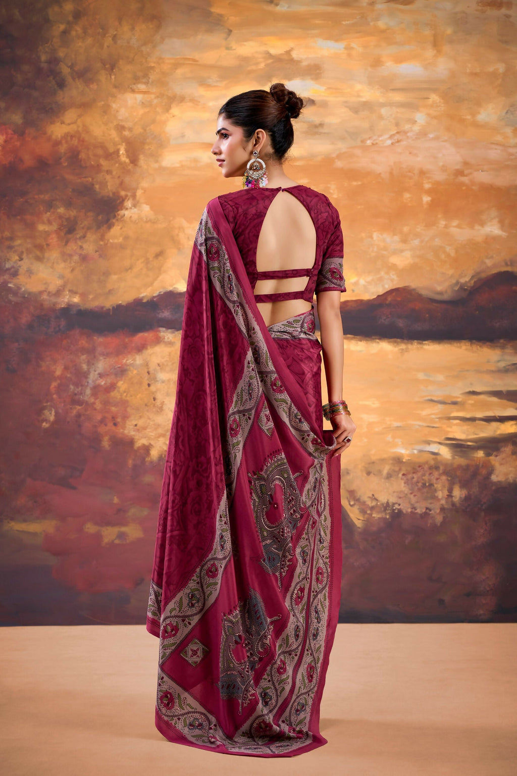 Vastranavya Pink Crepe Printed Saree with Unstitched Blouse - Distacart