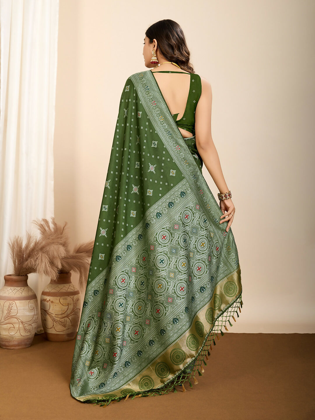 Olive Soft Silk Woven Meenakari Designer Saree - Vedanti