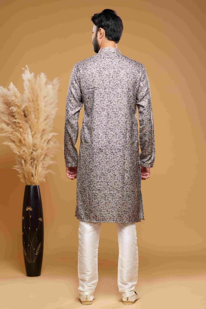 Raivat Ethnic Art Silk Digital Print Pintux Work Kurta Pajama In Grey Colour