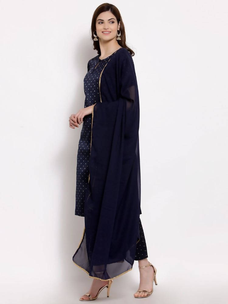 Myshka Women's Dark Blue Silk Blend Half Sleeve Round Neck Printed Casual Kurta Pant Dupatta Set
