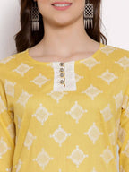 Myshka Women's Yellow Cotton 3/4 Sleeve Round Neck Printed Casual Lehenga Choli Set