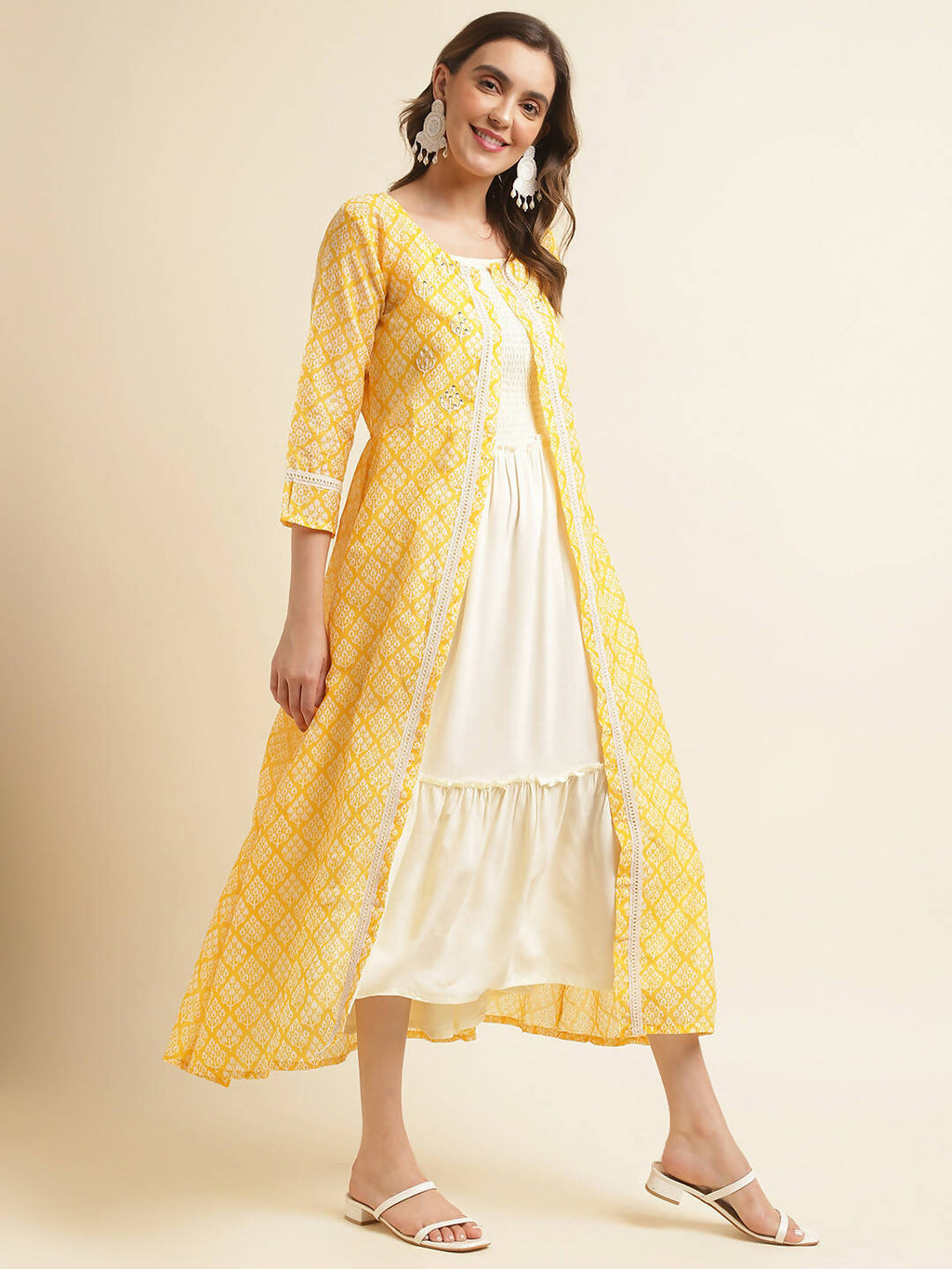 White Cotton Solid Flared Dress with Printed Shrug - Yukti - Distacart