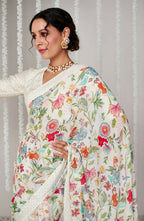 Off White Bright Moss Designer Digital Printed Party Wear Saree - Be Verly