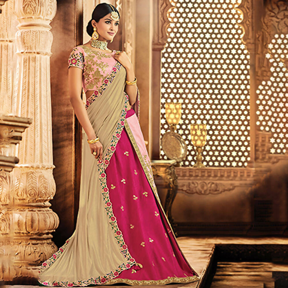 Pink Raw Silk Thread Zari And Sequins Embroidery Semi-Stitched Lehenga Saree - Mohmanthan Dezzy