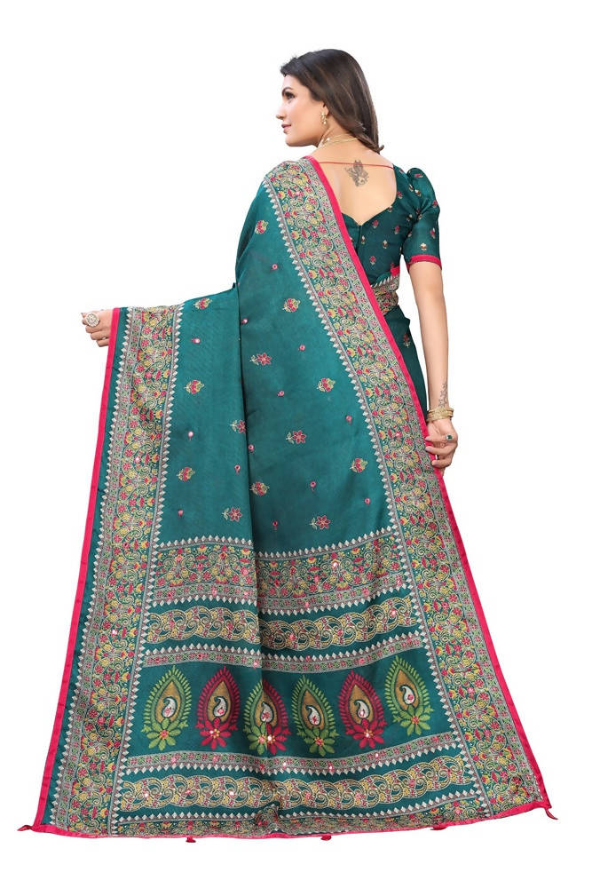 Vamika Rama Green Jute Silk Mirror Work Saree