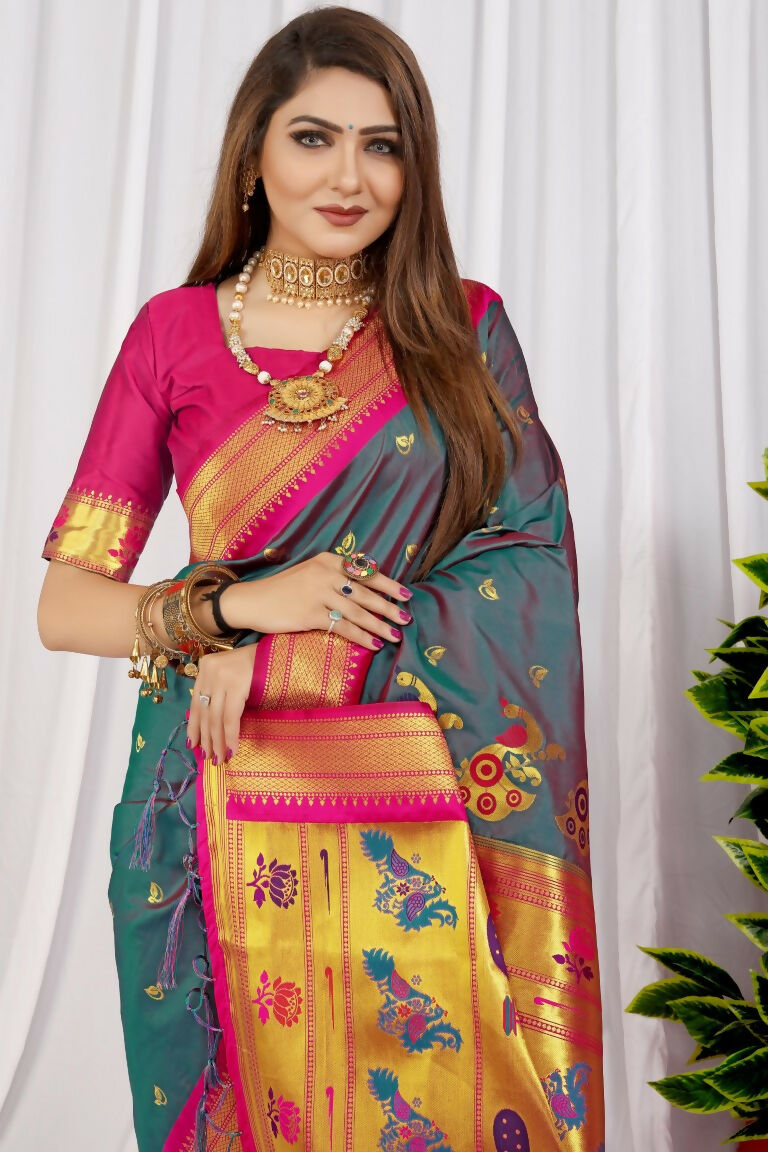 Jyoti Fashion Women's Grey Paithani Silk Zari Woven Saree with Blouse