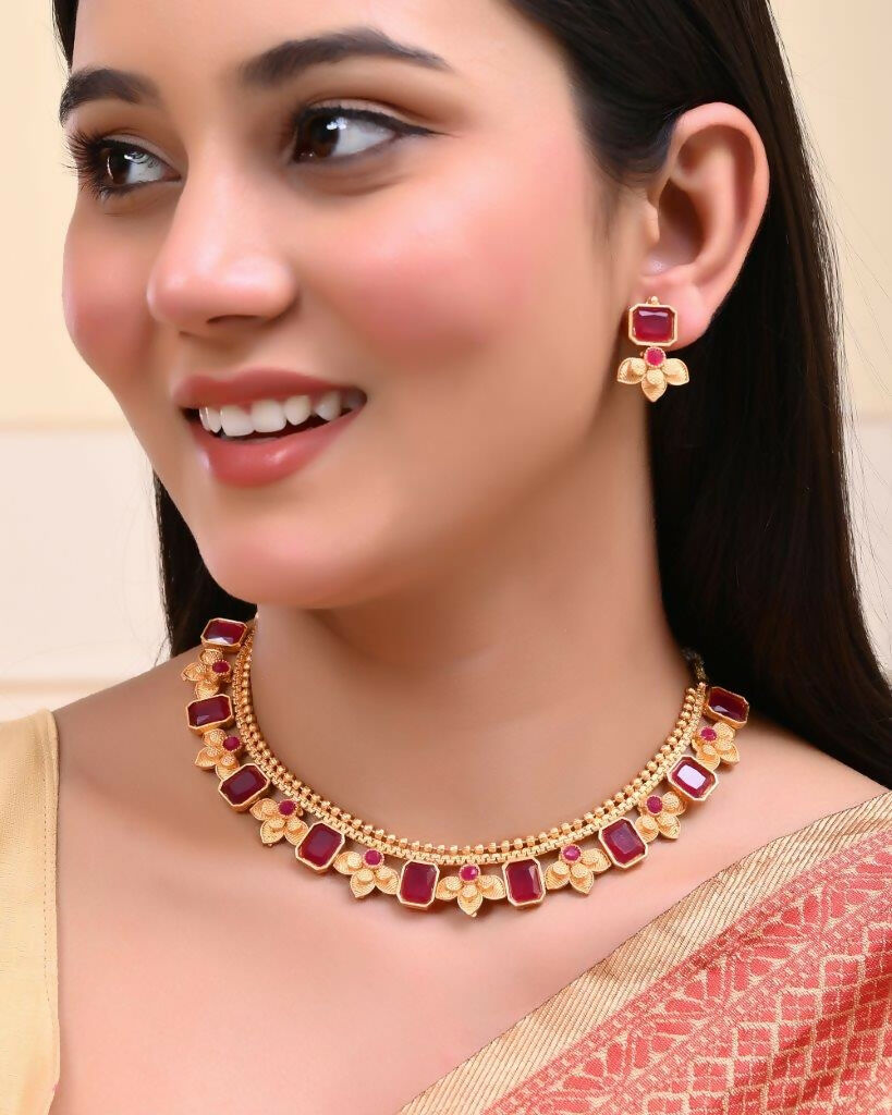 VOJ Gold-Polished Traditional Maroon Stone Studded Jewellery Set