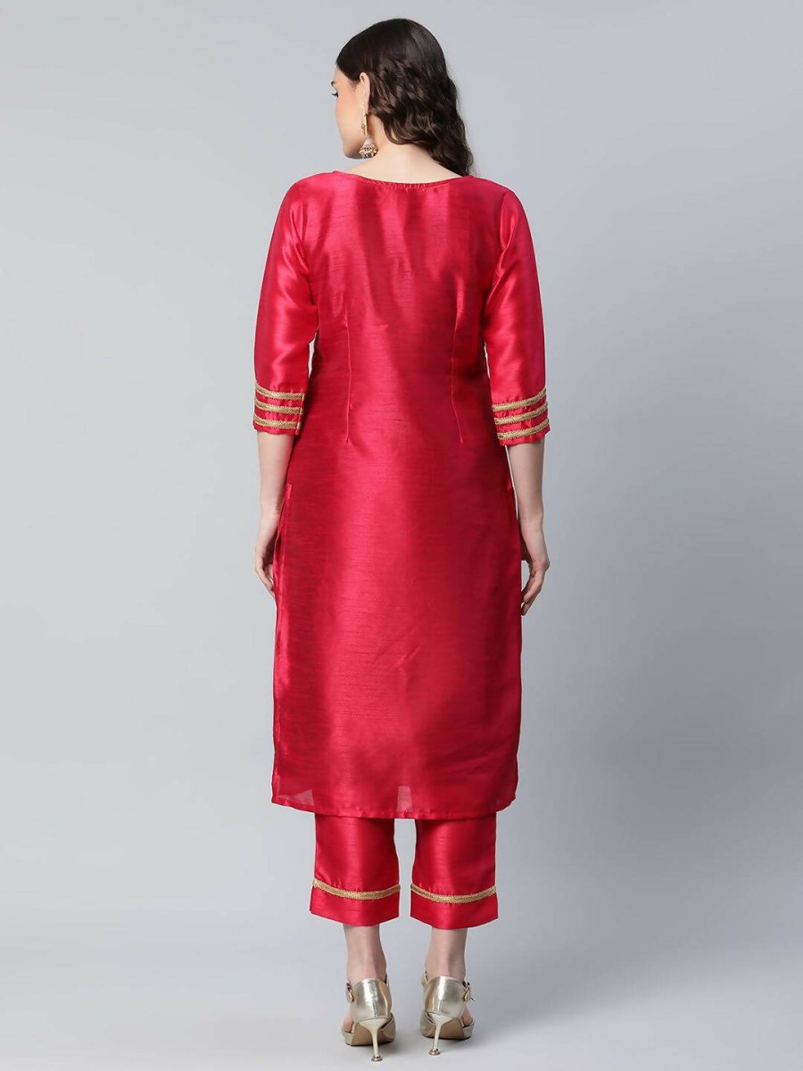 Ahalyaa Womens Red Art Silk Printed Kurta Pant Set - Distacart