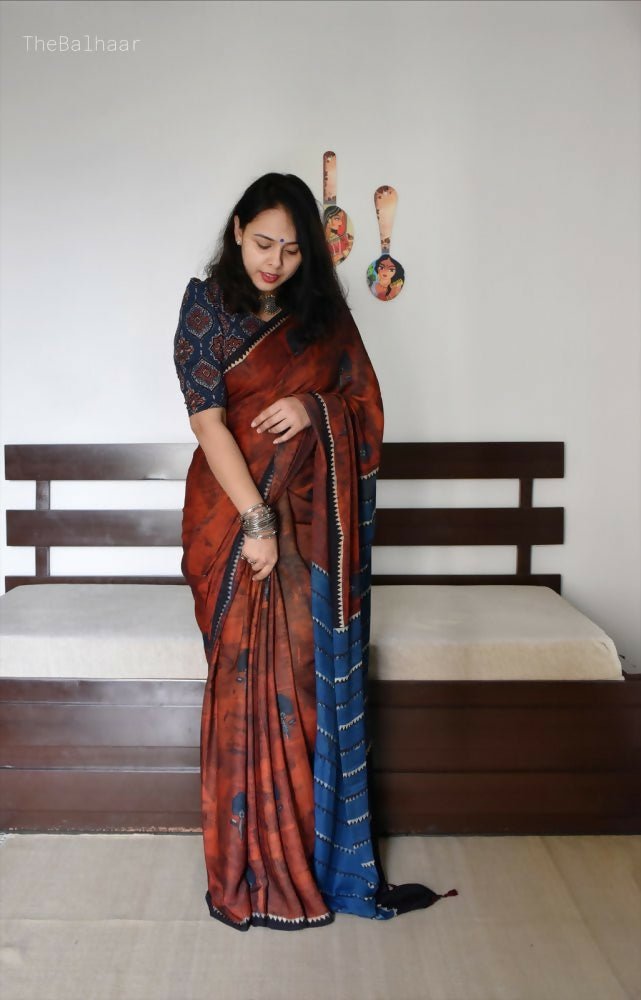 Arfa Fashion House Brick Dual Tone Silk Digital Printed Saree