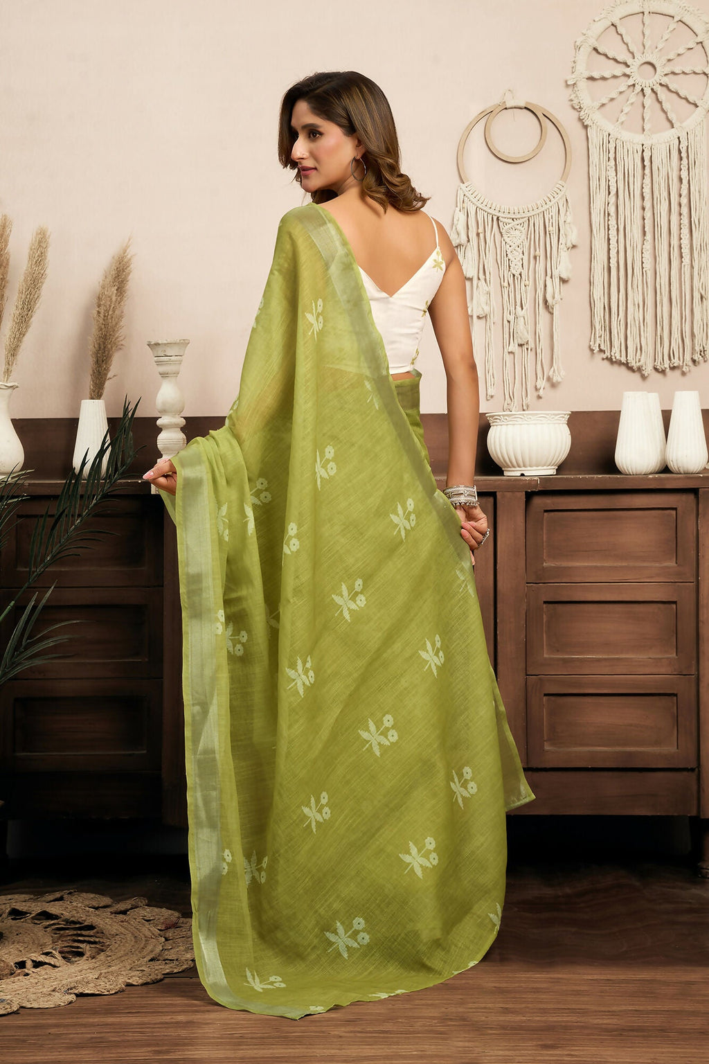 Vastranavya Mehendi Digital Printed Linen Ready To Wear Designer Saree with Unstitched Blouse - Distacart