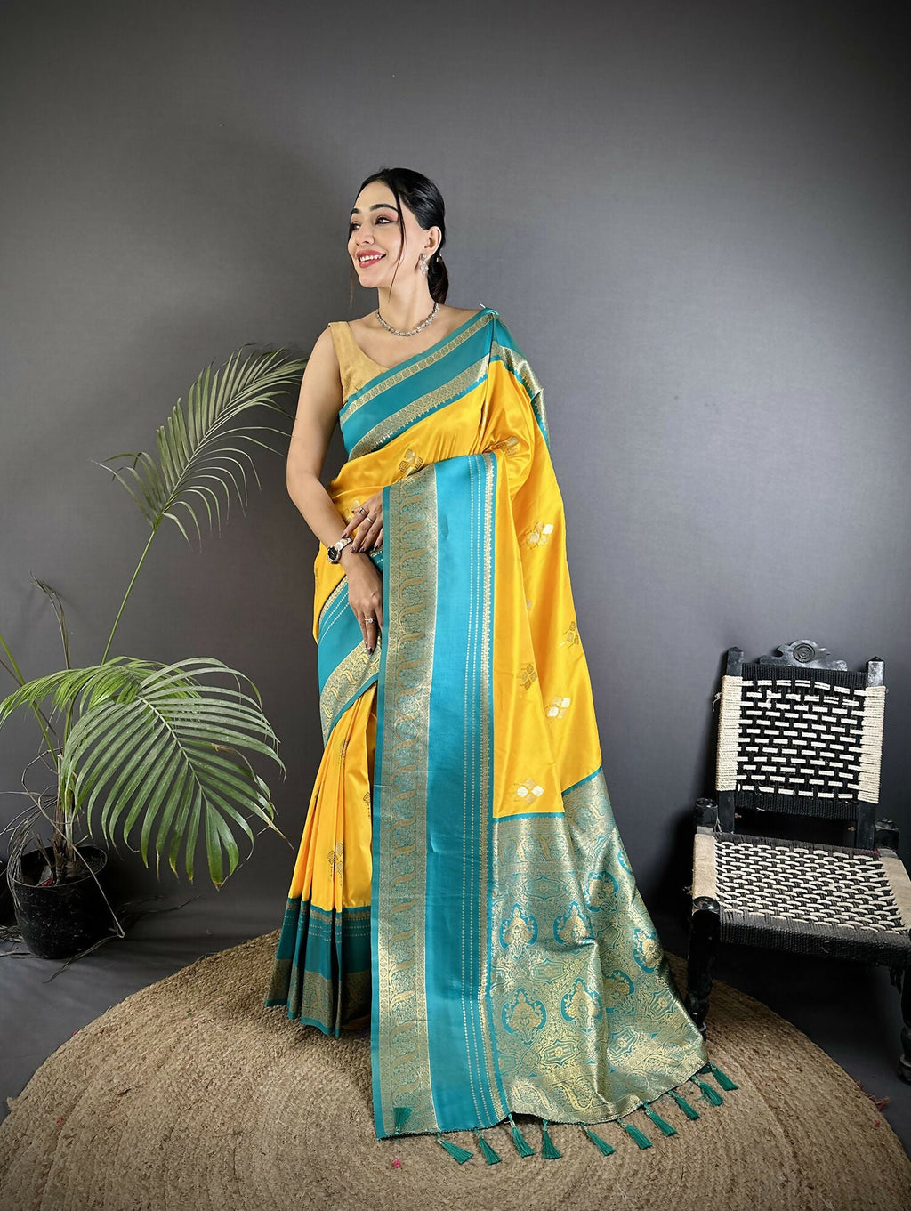 Joban Fashion Yellow Banarasi Soft Silk Woven Saree - Distacart