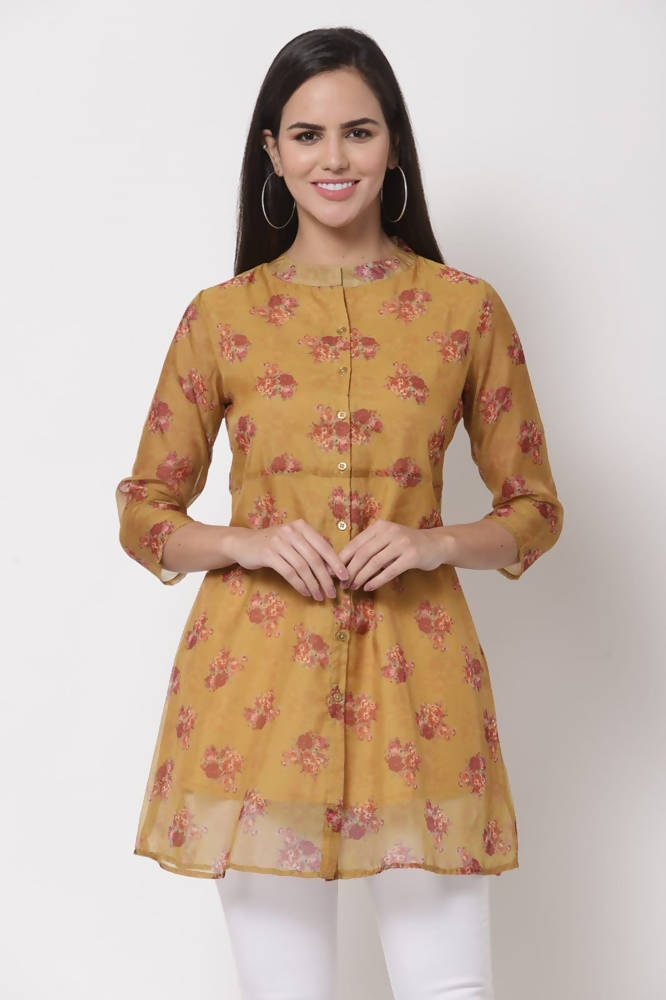 Myshka Women's Traditional Organza Printed Printed 3/4 Sleeve Round Neck Casual Multicolor Tunic